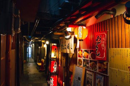 Bar Menu Tips - Narrow street with traditional Japanese izakaya bars decorated with hieroglyphs and traditional red lanterns in evening