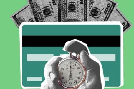 Cost Management - Illustration of cutout person hand timing stopwatch against credit card and cash money on green background