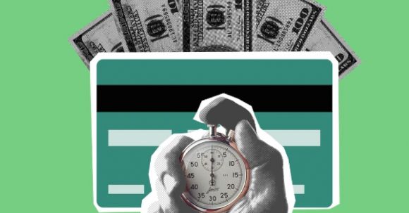 Cost Management - Illustration of cutout person hand timing stopwatch against credit card and cash money on green background
