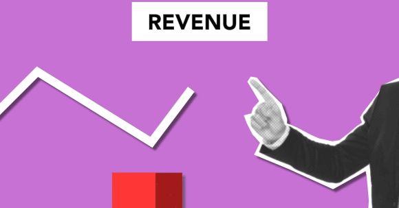 Increased Revenue - Illustration representing businessman with index finger up showing increase of incomes on graph on purple background