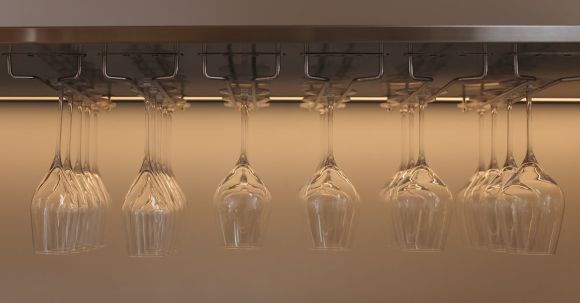 Bar Design - Goblets Hanging on Glass Rack